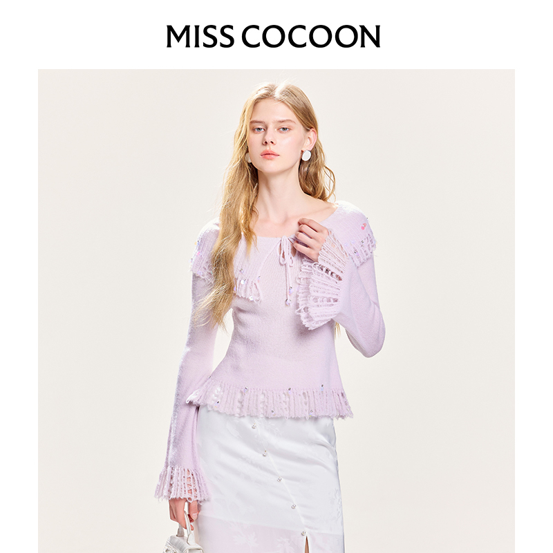 missCOCOON马海毛紫色毛衣女2025早春慵懒小个子流苏针织衫0072