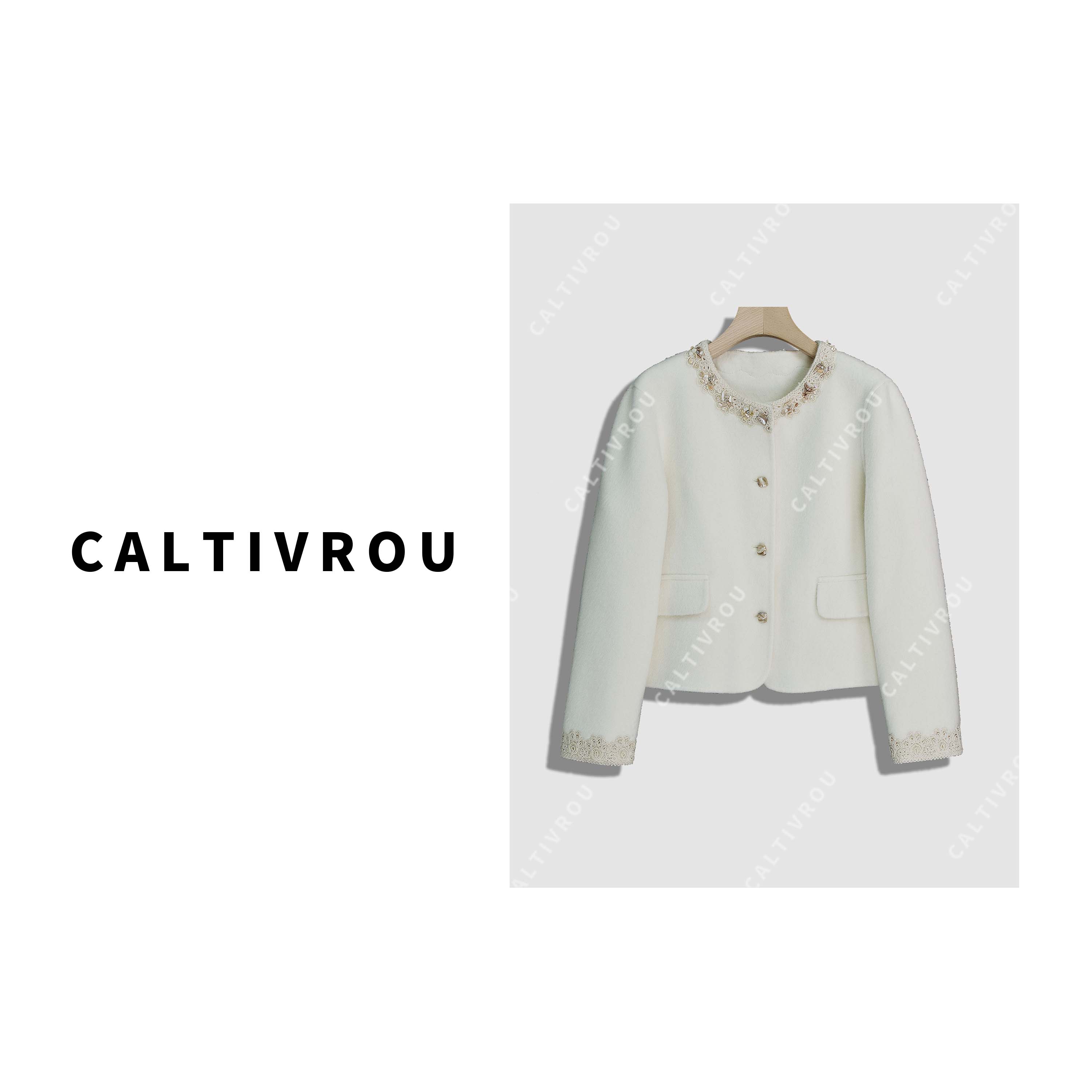 【媛媛】【绵羊毛+骆驼绒】时尚高级感重工钉珠百搭毛呢外套-Y19112