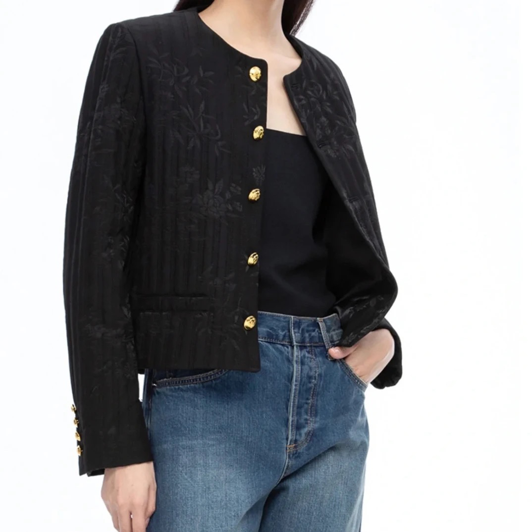 99新 Celine/思琳 98新花卉提花黑色外套 42码 