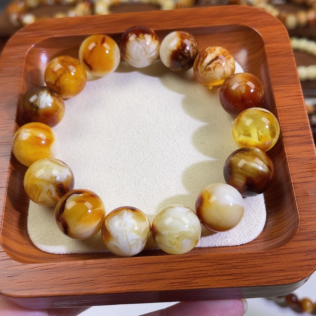 琥珀未镶嵌手链天然沁色蜜蜡手串14mm