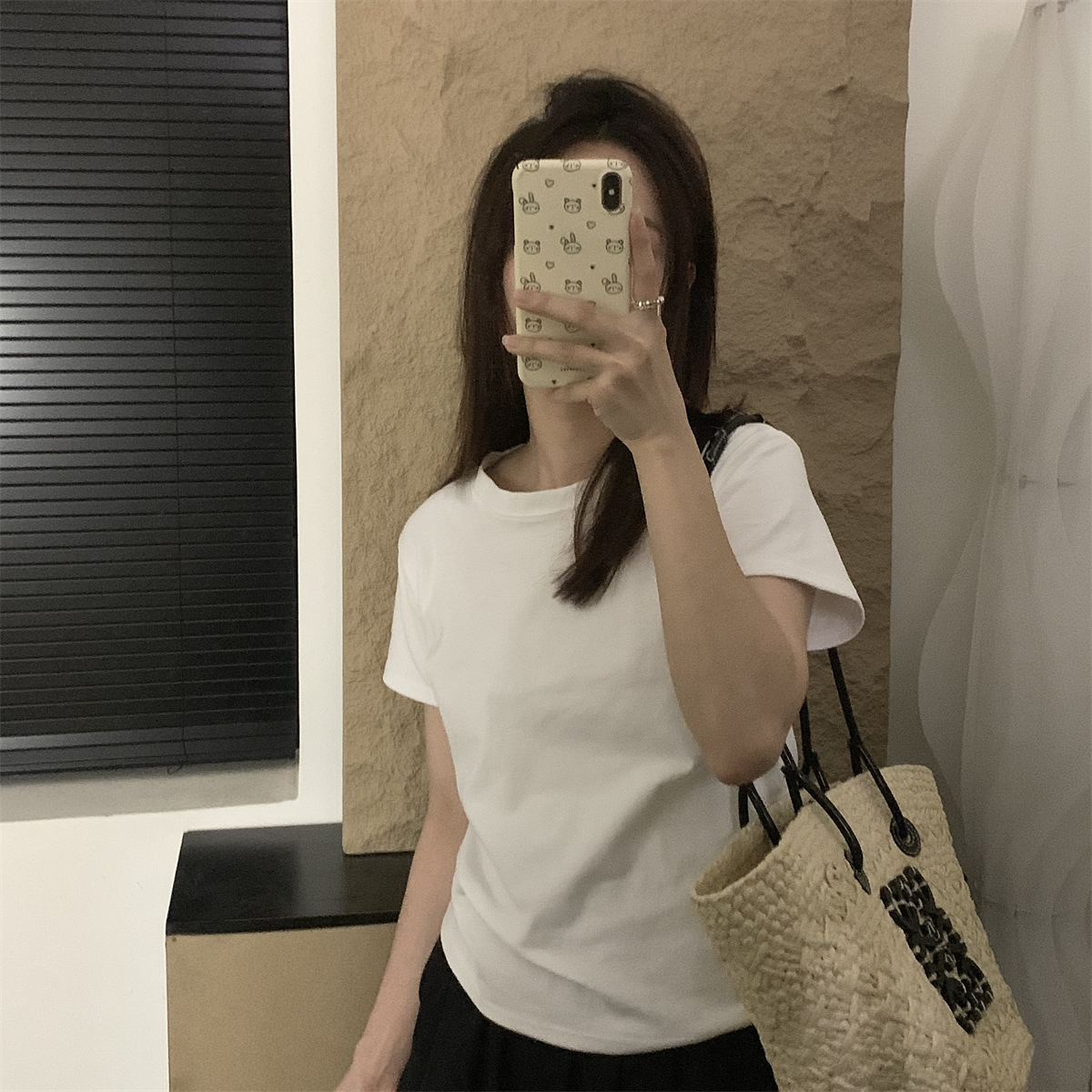 吴CC 夏季纯色百搭显瘦减龄圆领短袖T恤上衣