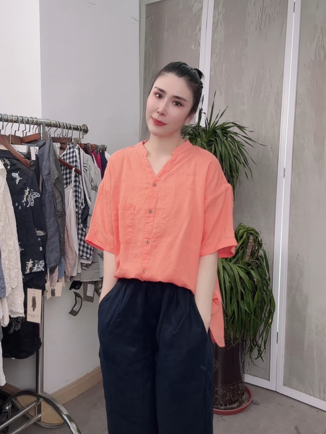 （橘色）砂洗亚麻剪刀领百搭显瘦纯色衬衫女XHH 2295