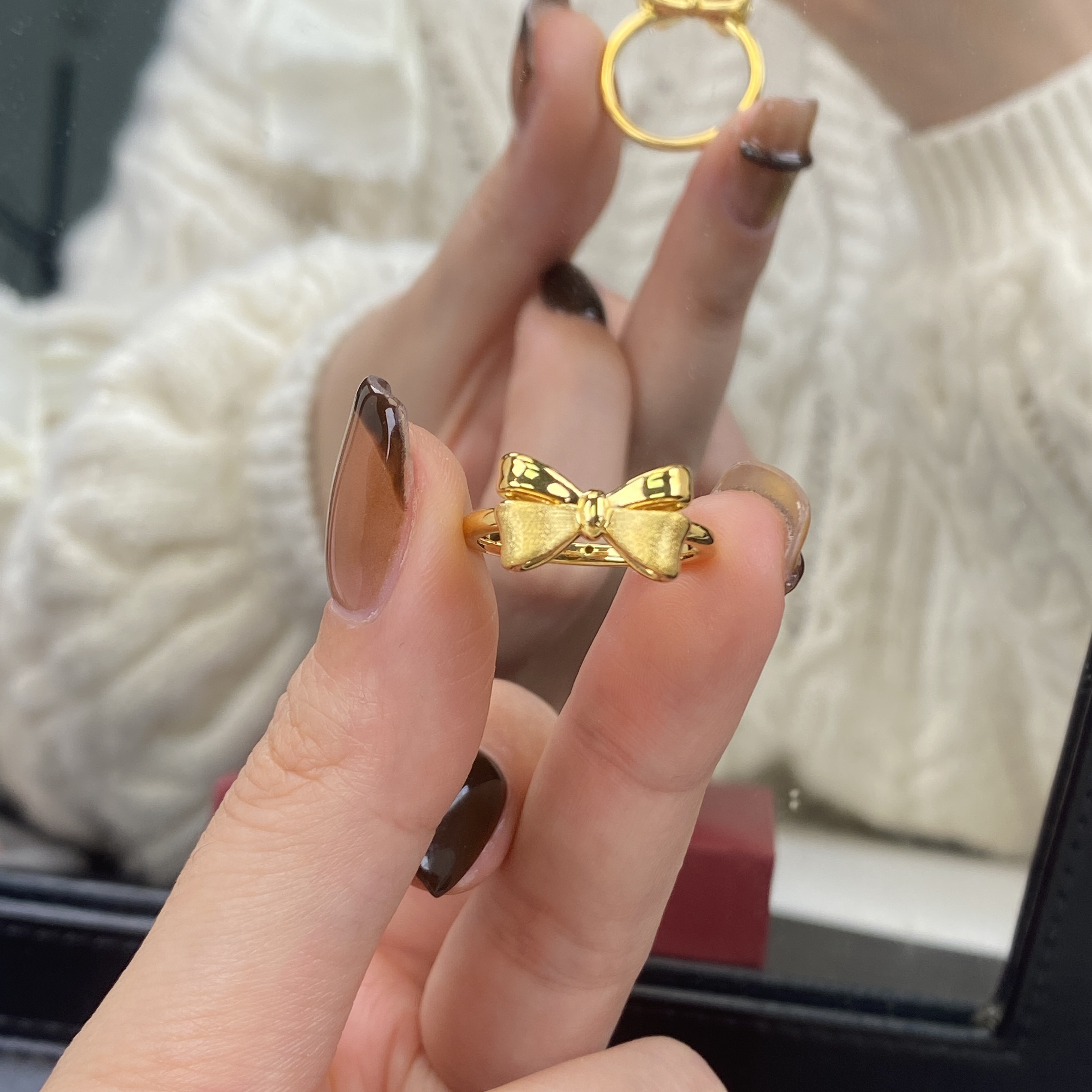 璟金珠宝足金999黄金精致百搭ab蝴蝶结戒指送礼圈口可选