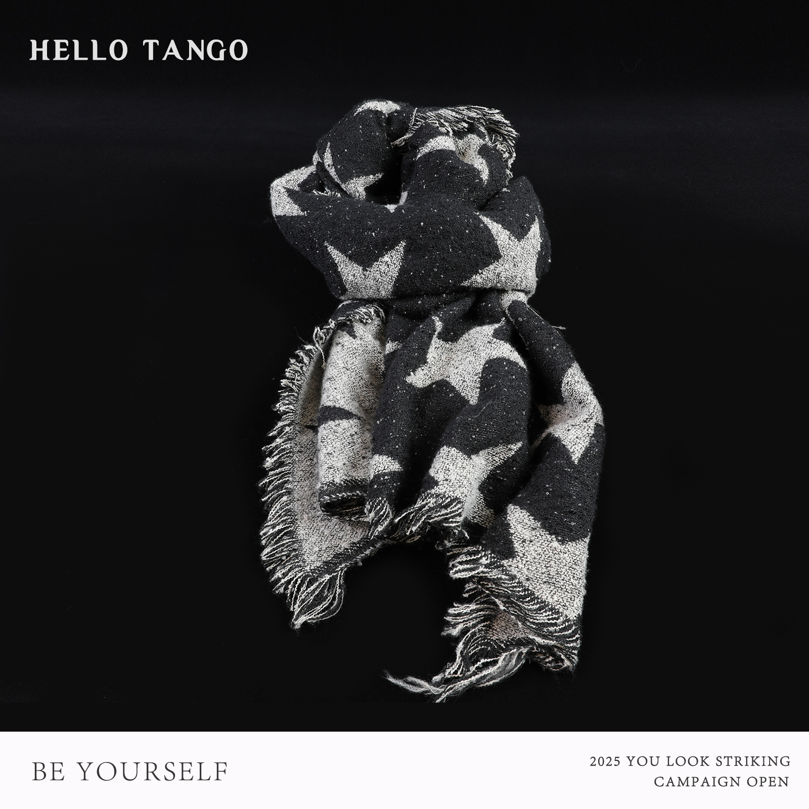 HELLOTANGO秋冬韩系个性五角星满印流苏宽边大版围巾
