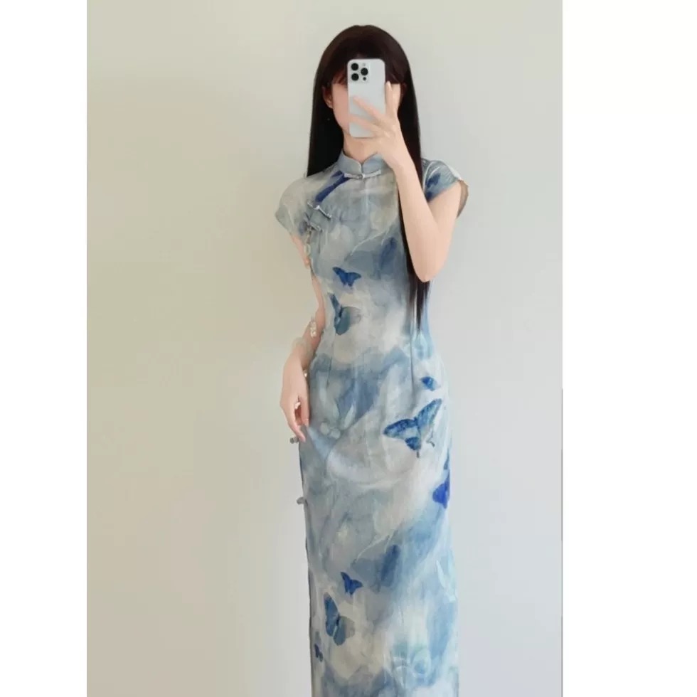 旗袍女新中式蓝色晕染连衣裙2025新款今年流行爆款多巴胺掐腰