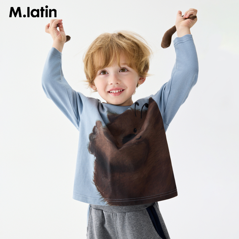 马拉丁童装儿童T恤2025秋装新款男女童抱抱熊可爱长袖T恤