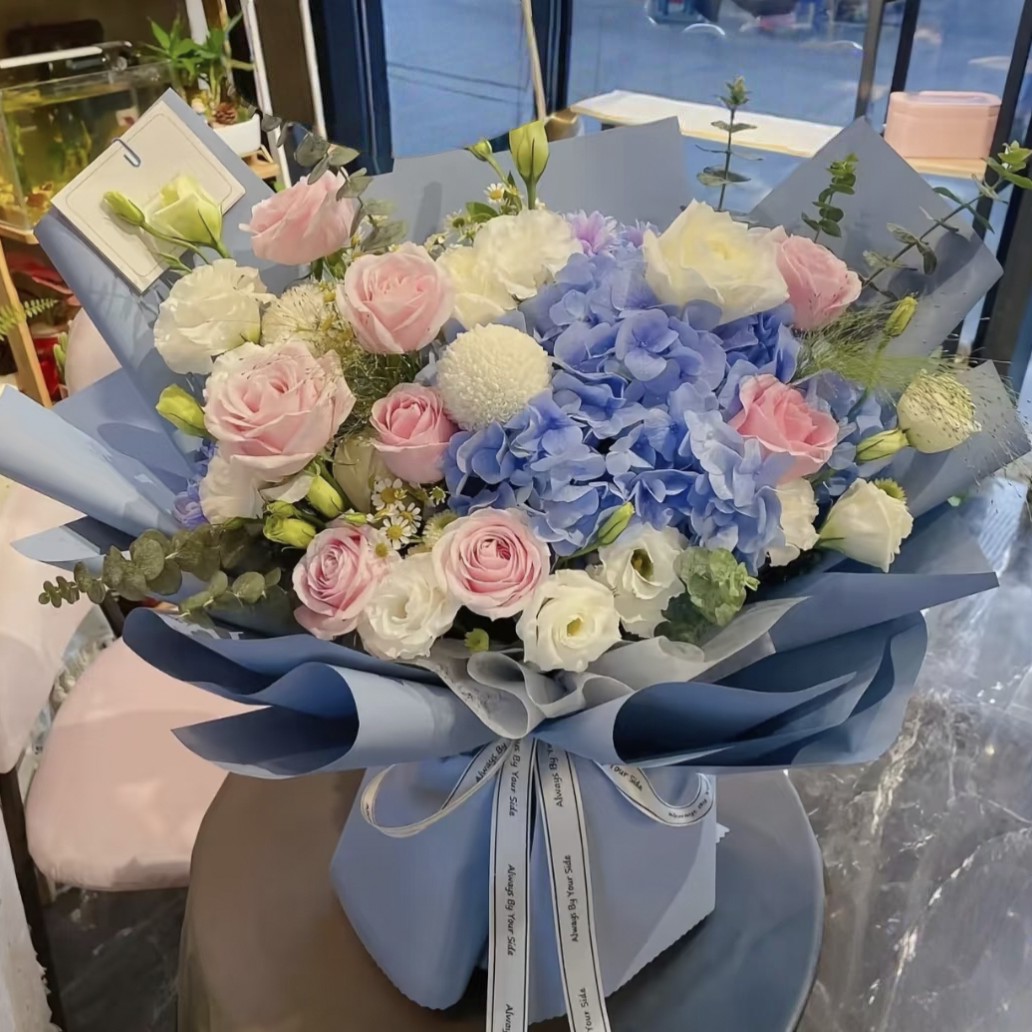 见花如面】粉玫瑰绣球韩式混搭花束送爱人送朋友