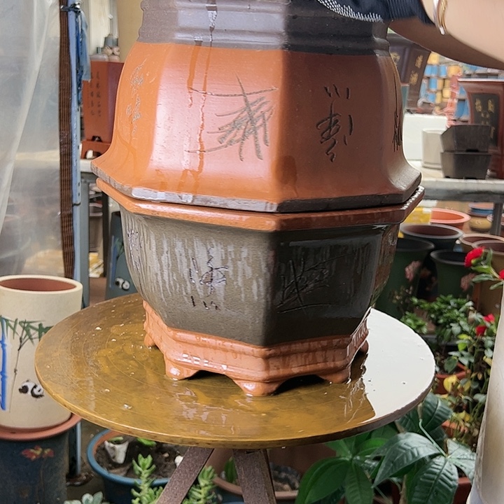 宜兴紫砂花盆35红八方加35灰八方
