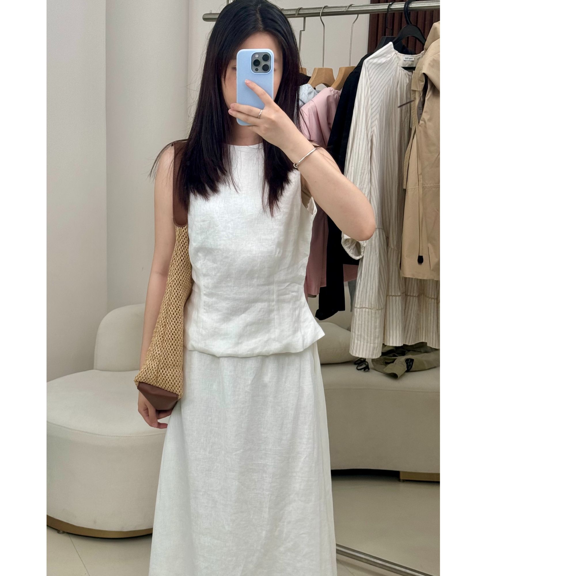 KALADUMI -娜娜同款 全亚麻纯色修身百搭半身裙套装女-1566