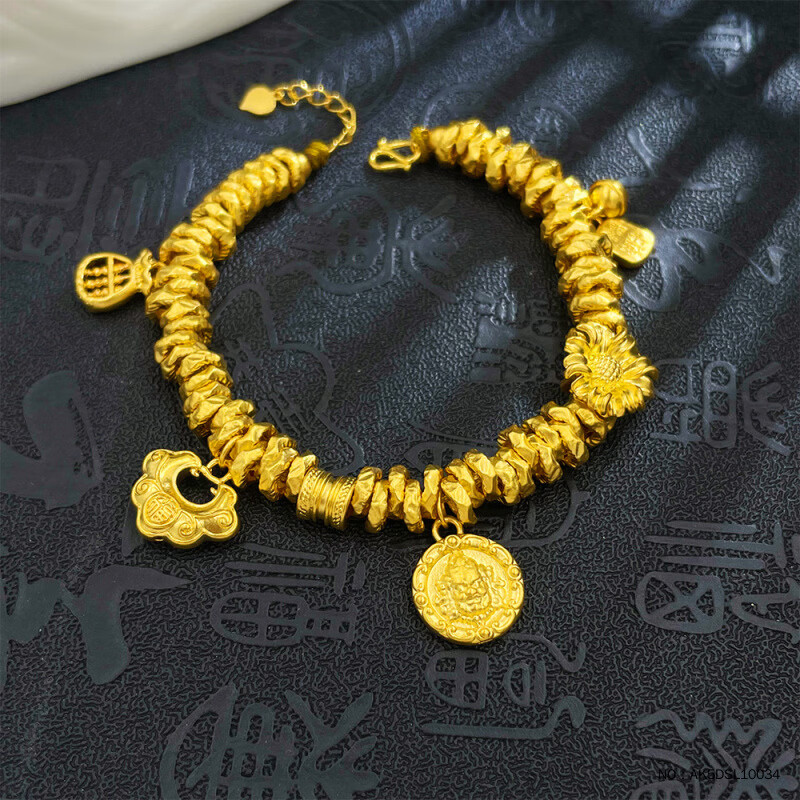 老鳯祥足金999手链吉祥如意锁包盘缠碎金子黄金手串招财纳福*商城