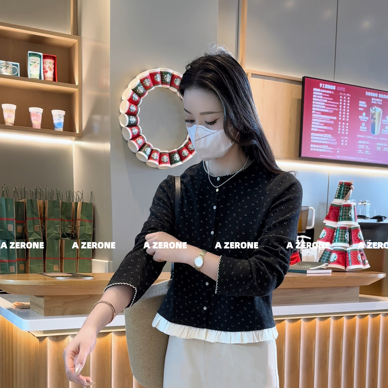 BK 精致曲牙花边单排扣开衫保暖内搭气质百搭上衣