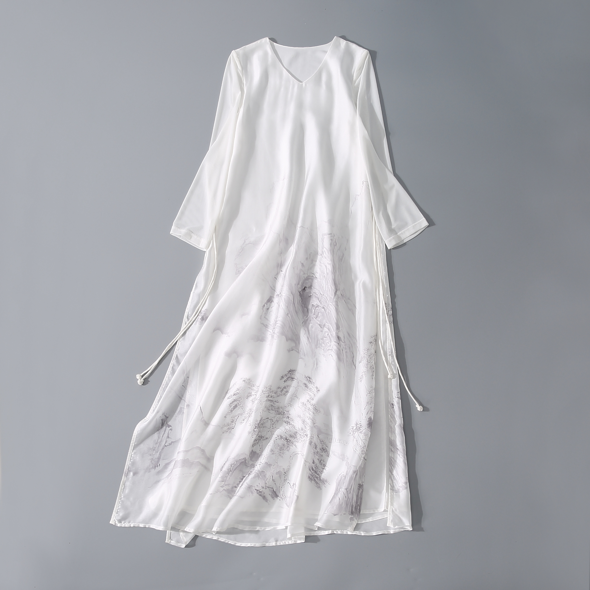 翰墨云汐25新款中国风水墨印花白色雪纺裙七分袖白色复古连衣裙