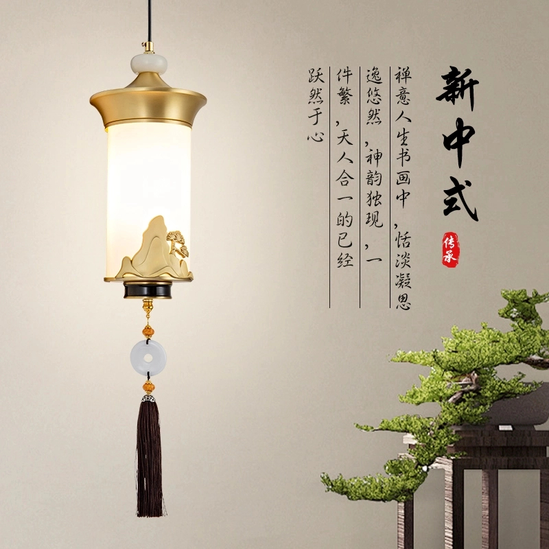 新中式全铜玉石单头小吊灯禅意茶室卧室床头灯玄关入户走廊过道灯