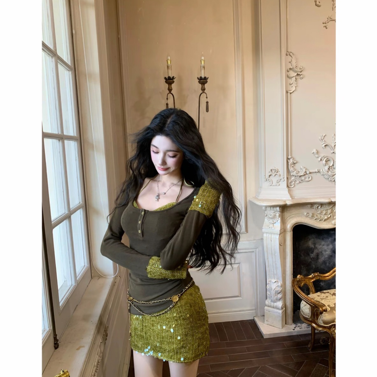 BarbChill12/20-10:00新品假日穿搭假两件珠片拼针织连衣裙