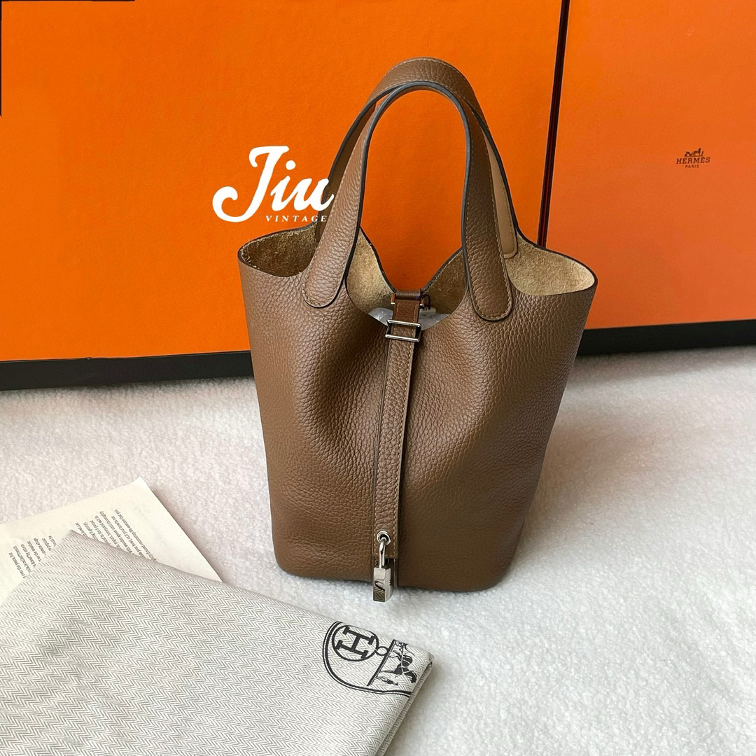 99新 Hermes/爱马仕 菜篮子18栗子色拼饼干色防尘袋锁JM2-7484