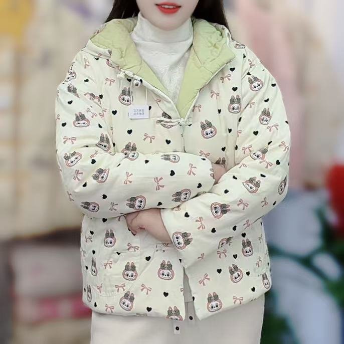 新款新疆长绒棉连帽印花棉花棉袄宽松连帽加厚大码女士棉衣