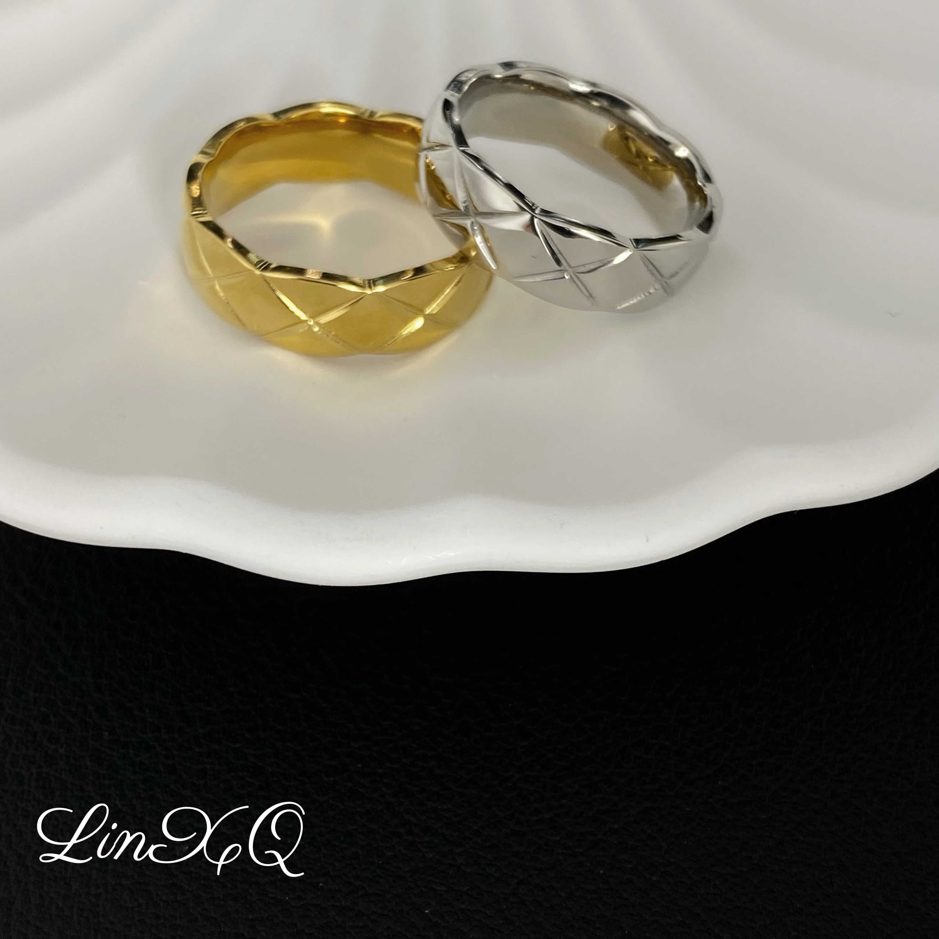 钛钢戒指 「Lin小七」菱格纹经典百搭气质女式个性小香风劈花纹戒指