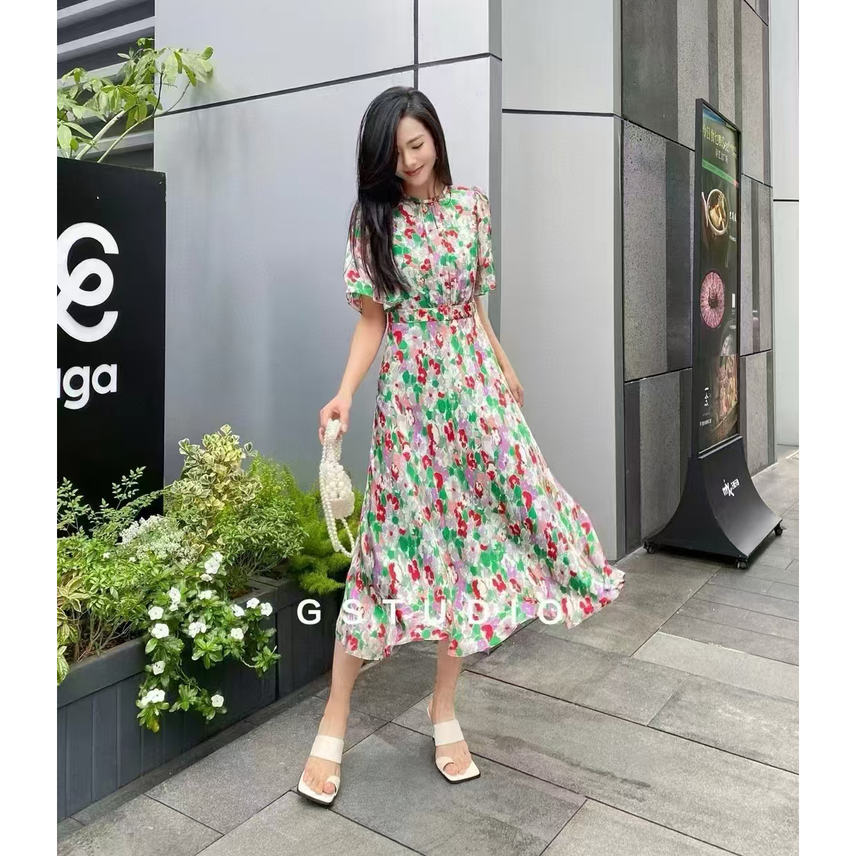 M1999【库存勿动】法式收腰气质短袖碎花连衣裙裙长125款号GJ2089