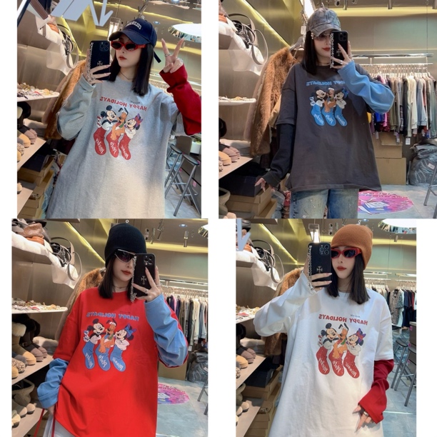 圆领米老鼠印花拼接长袖T恤