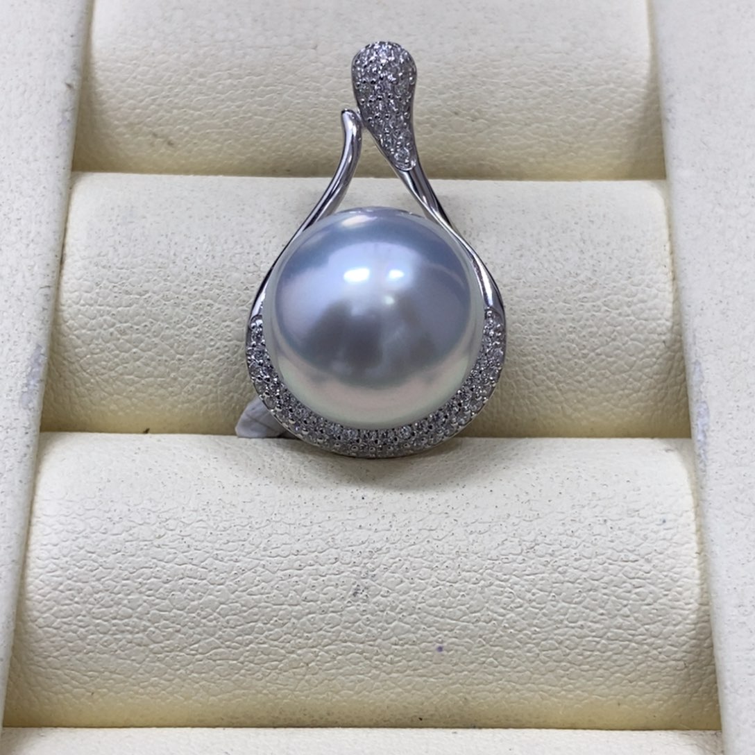 颈饰银S925镶嵌海水珍珠澳白无暇宝石光吊坠13-14