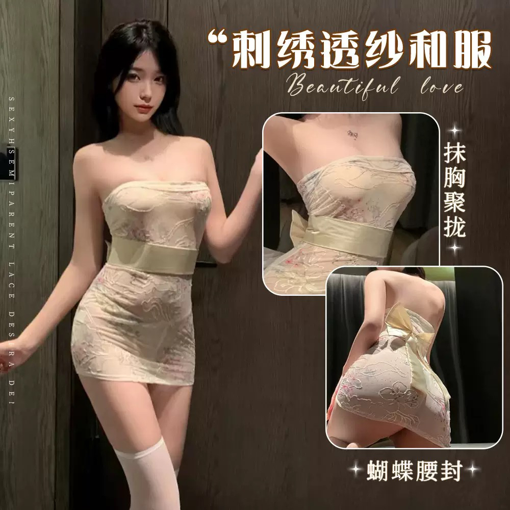纯欲刺绣印花网纱薄款和服抹胸包臀睡裙女夏季性感睡衣