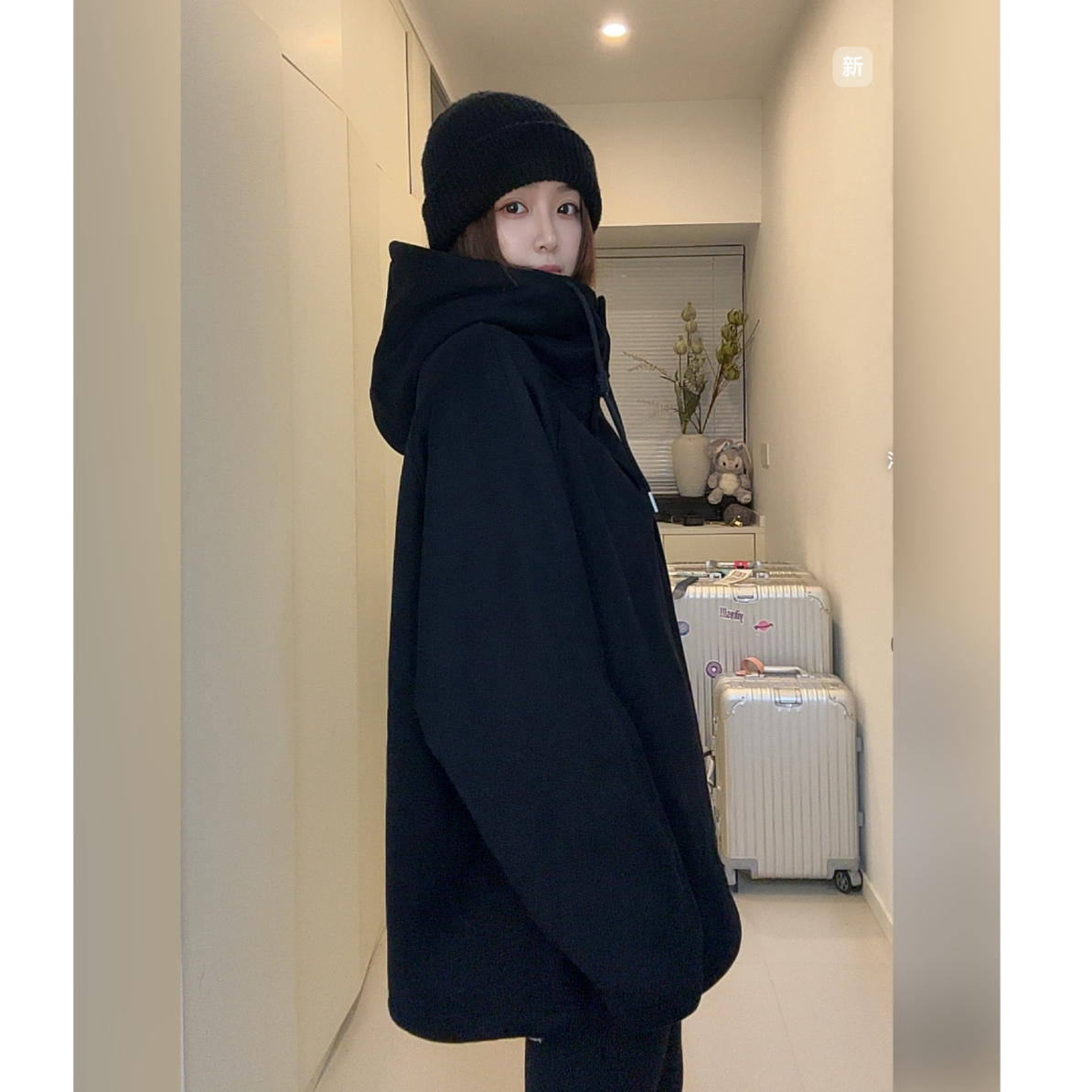 MW韩系慵懒风宽松加绒连帽单排扣长袖卫衣上衣休闲秋冬加厚