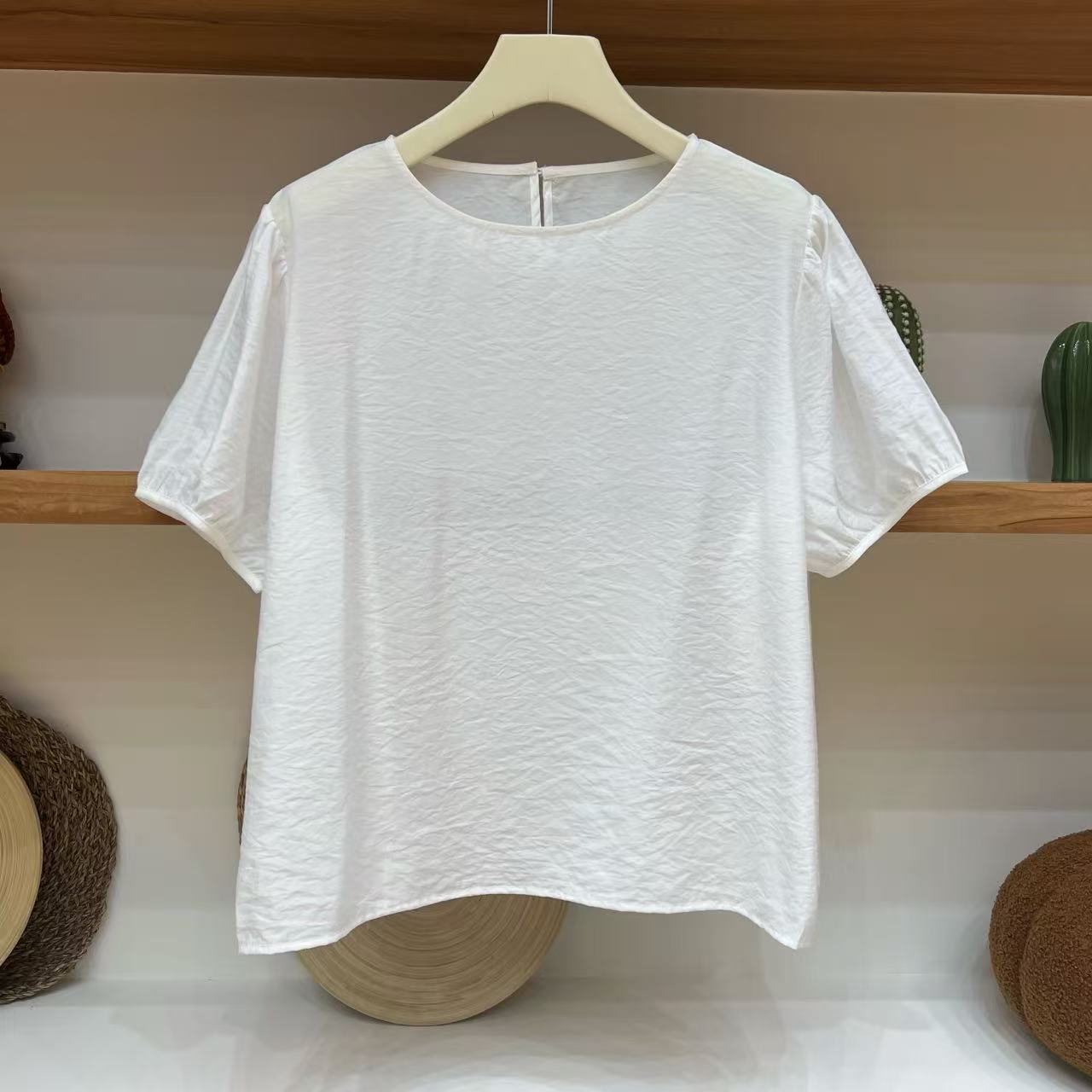 【OVERSIZE LIN】夏季泡泡袖打底百搭宽松直角肩高捻棉T恤圆领短袖