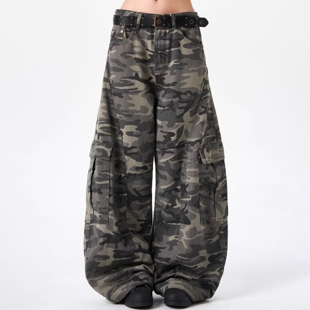 美式高街无弹工装风秋季高腰阔腿裤牛仔裤弯刀阔腿休闲裤迷彩裤