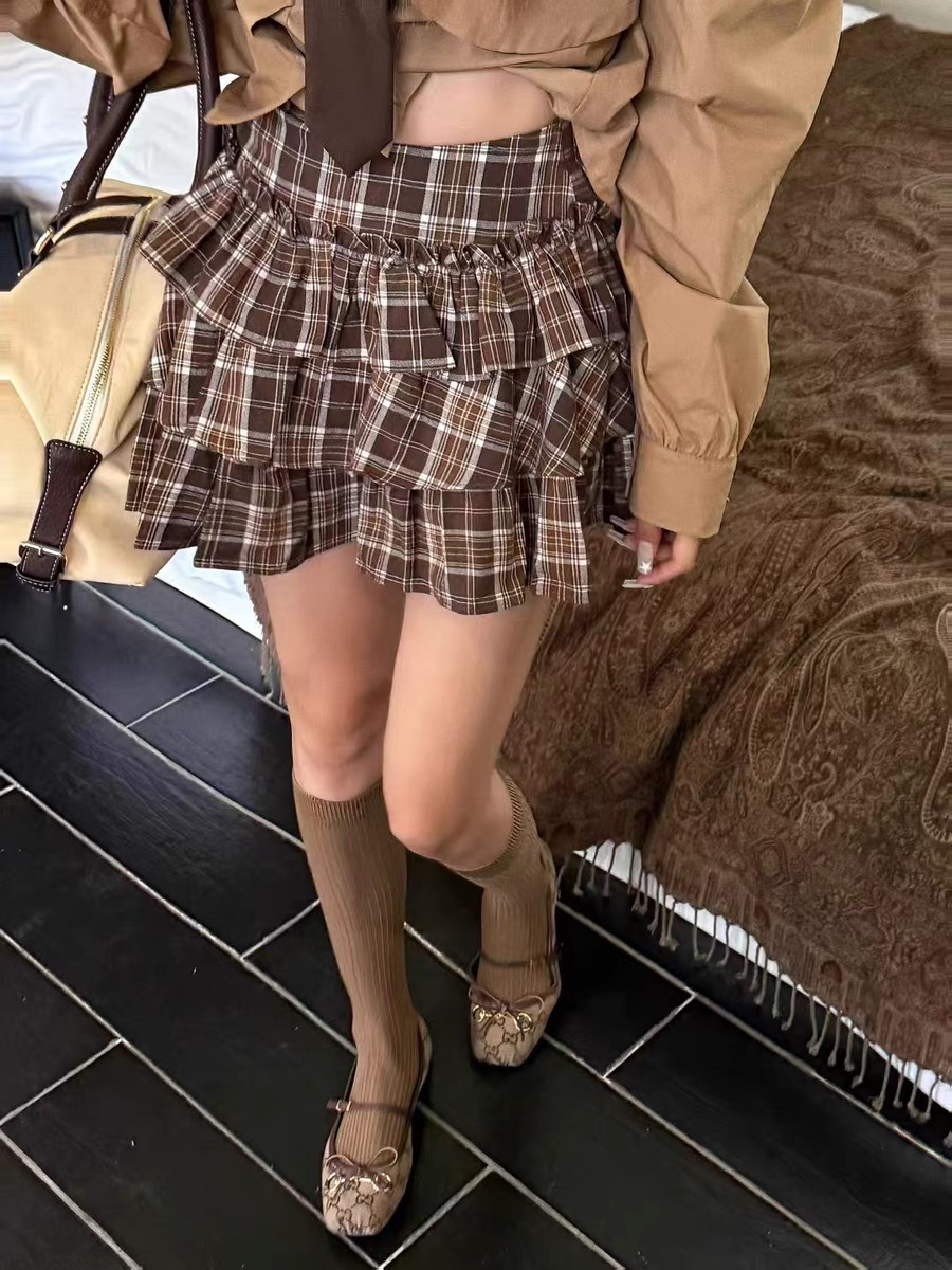 GOD财神正版甜美芭蕾风格子短裙早秋高腰显瘦蛋糕裙女
