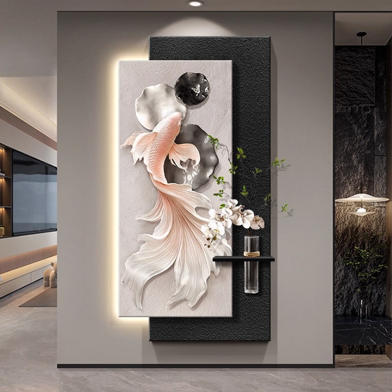 锦鲤玄关装饰画轻奢高级感走廊尽头挂画寓意好入户进门过道挂画
