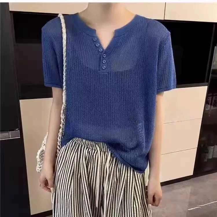 【专属】剪刀领扣子夏季和纸纱宽松冰感针织上衣