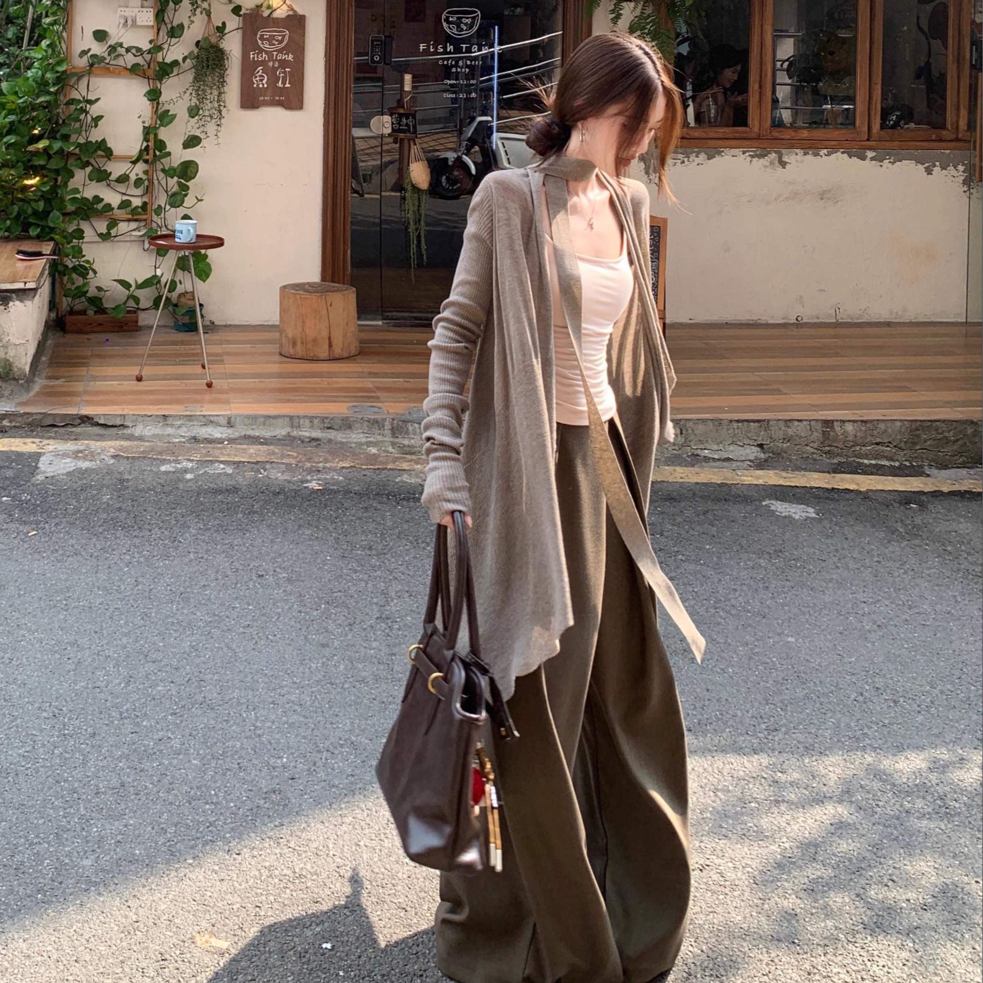 度假风套装飘带长袖针织开衫外套女秋季新款外套