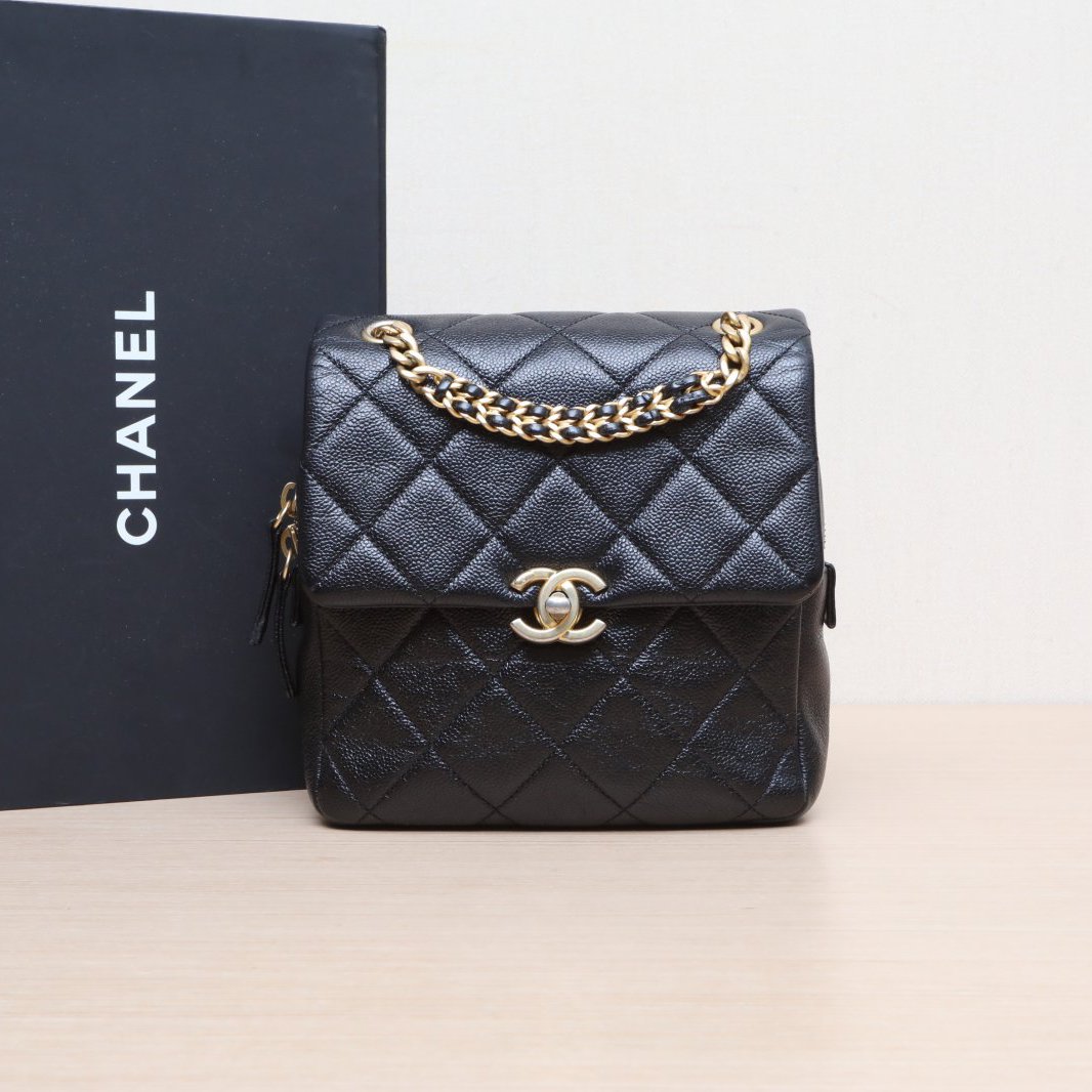 95新 Chanel/香奈儿 【娇】双肩包 20cm 黑色皮革C芯片双C 563889