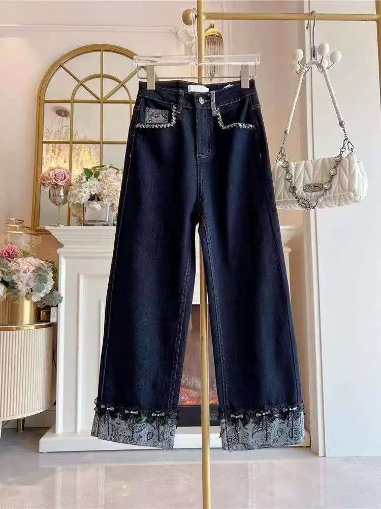 直筒裤常规高腰休闲微弹女阔腿裤大码秋季牛仔裤拼接时尚百搭