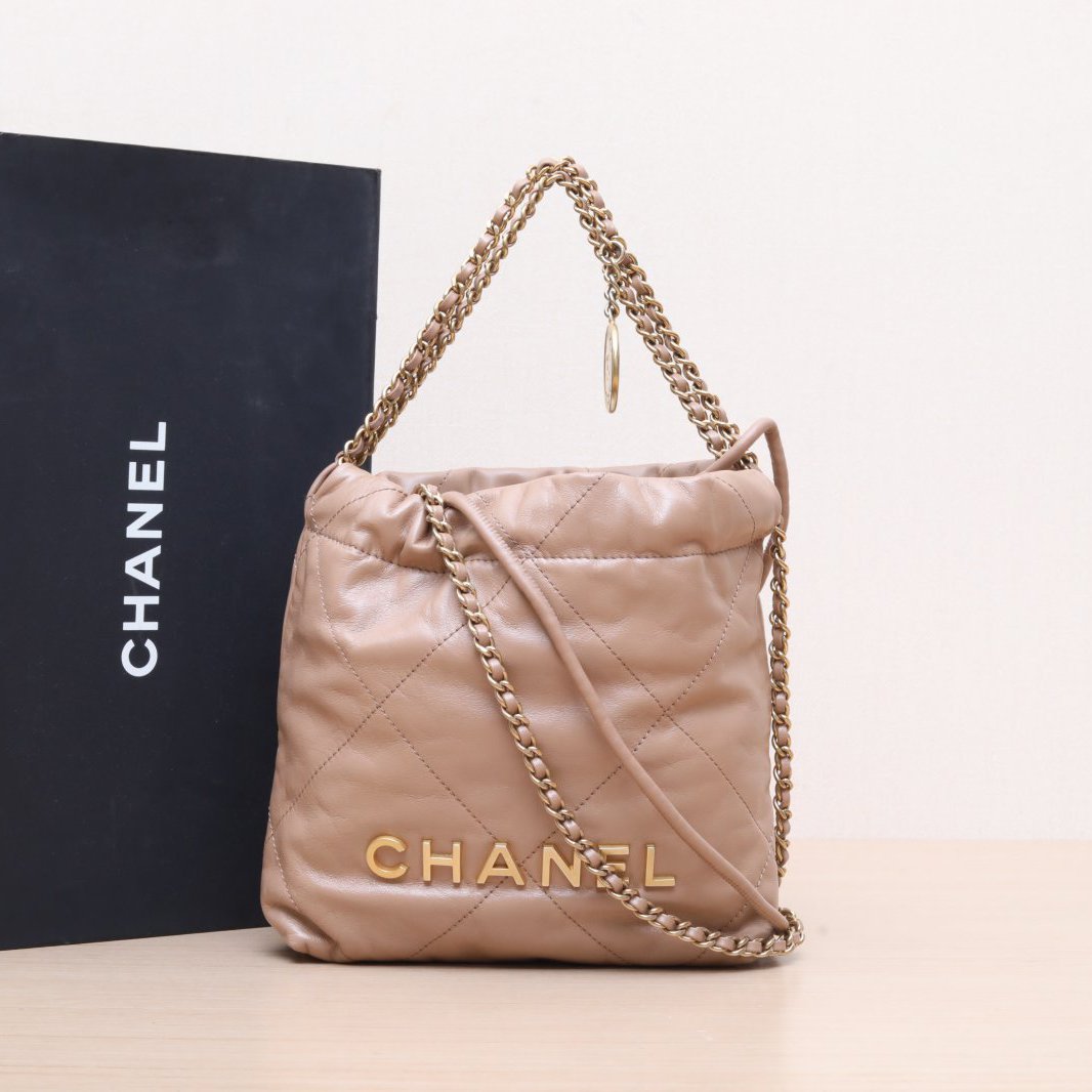95新 Chanel/香奈儿 小花双双 22Bag托特包 Mini 粉色 皮革C 金扣