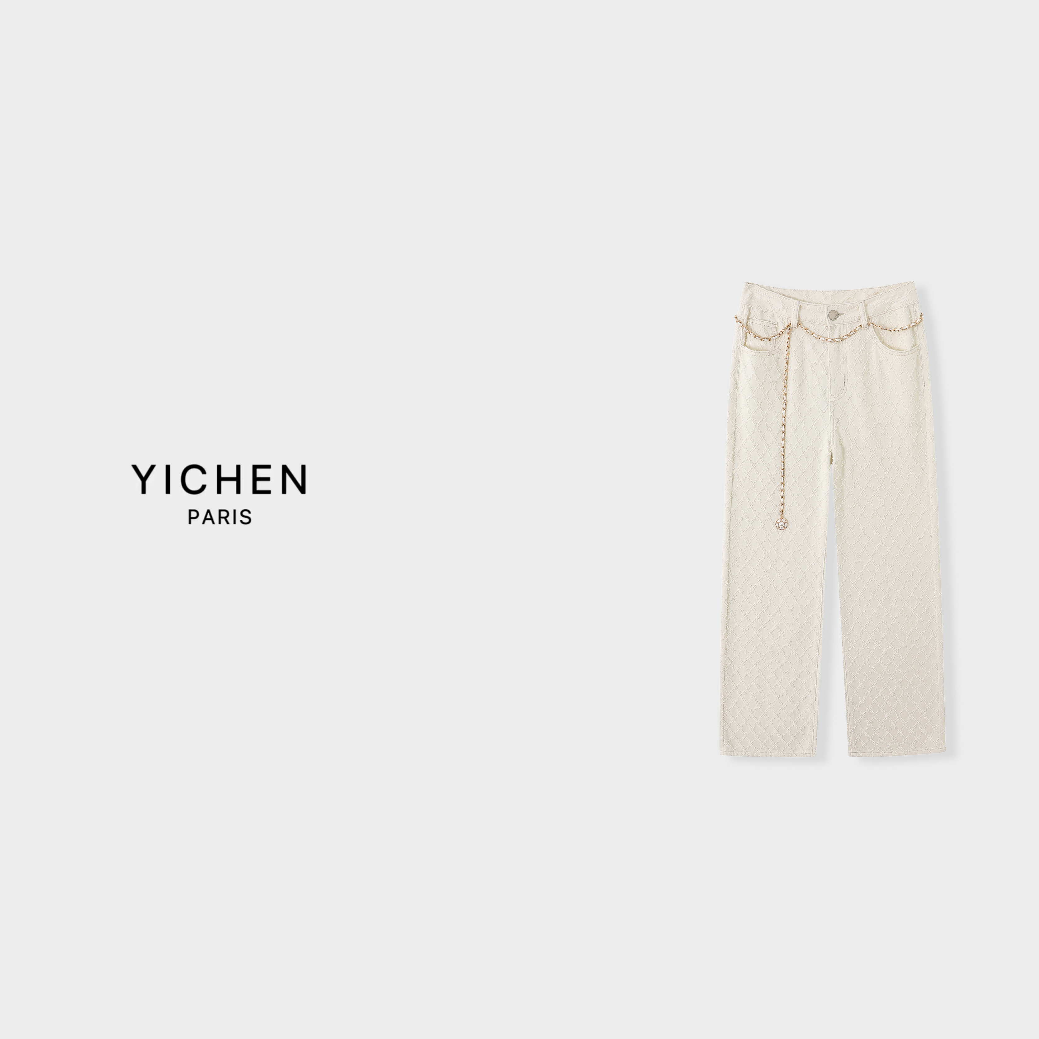 YC 米白色流苏菱格图案直筒金属链条牛仔裤-1882