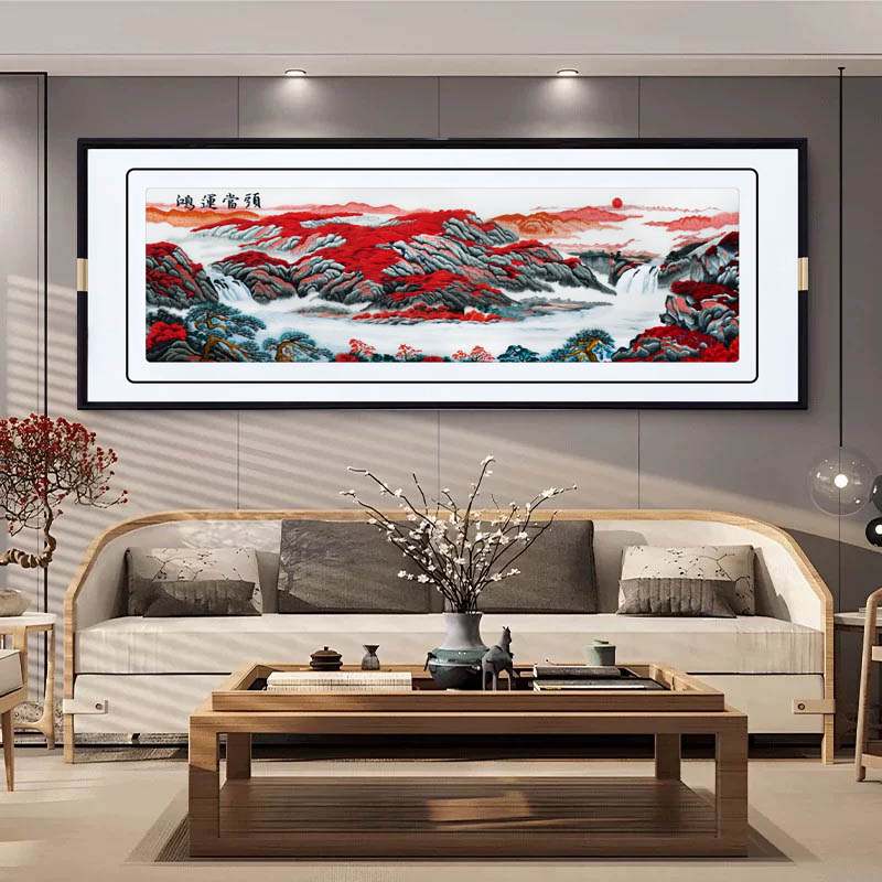 新中式真丝苏绣成品书房山水客厅刺绣挂画鸿运当头沙发背景墙装饰