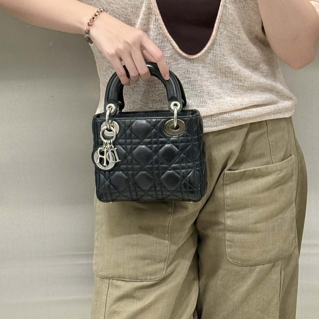 95新 DIOR/迪奥 dior黑色三格戴妃黑银手提包斜挎包