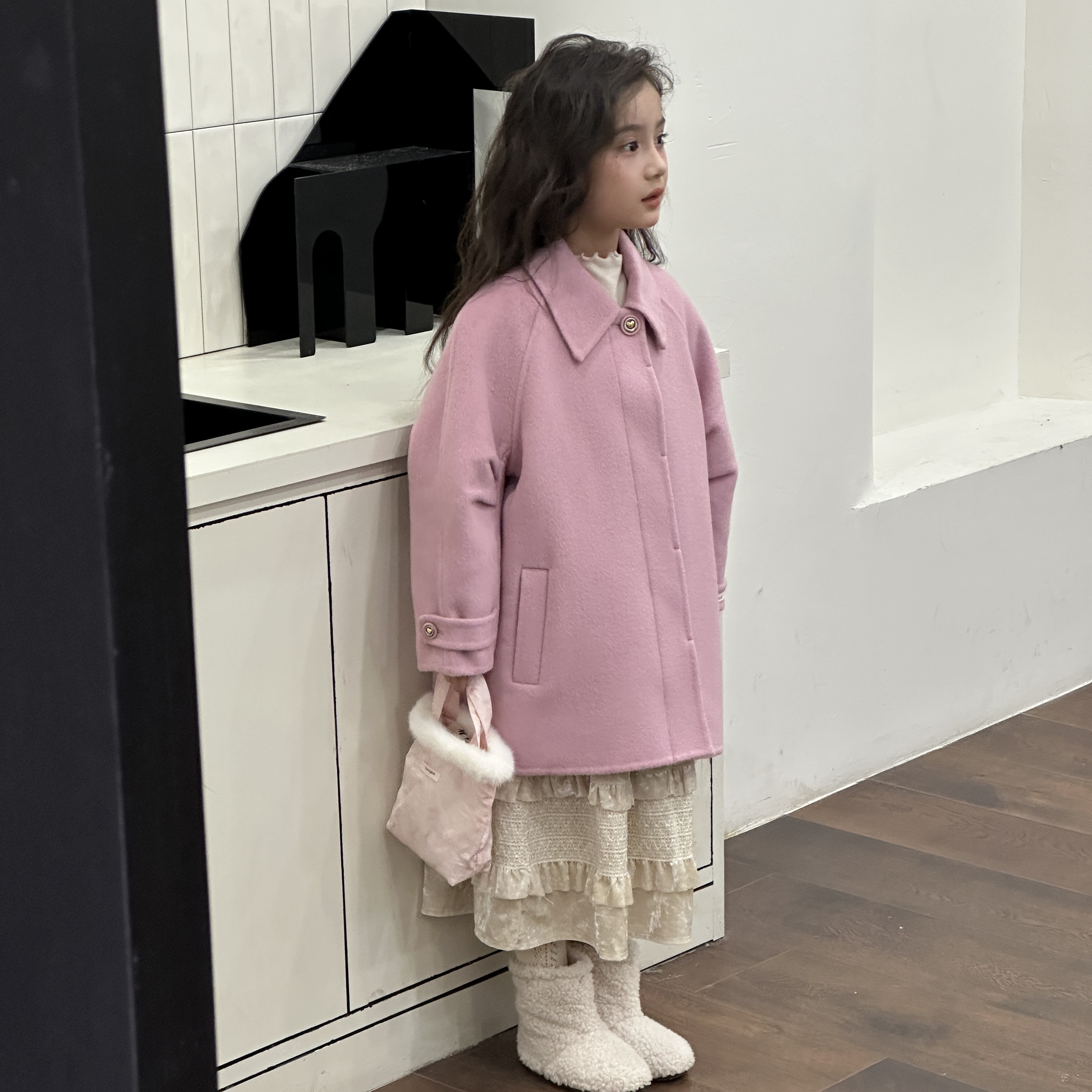 100%绵羊毛小方领双门襟袖子捏裥韩版童装绵羊毛大衣