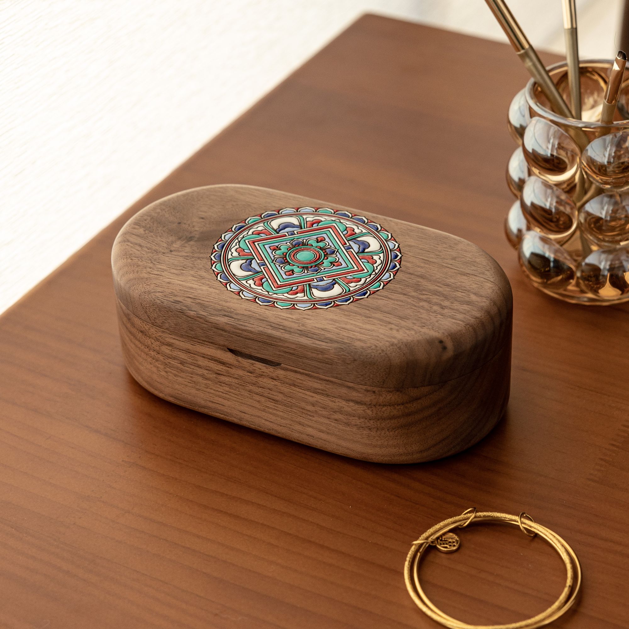 首饰盒/箱 非遗丹青工艺实木首饰盒黑胡桃木高档精致便携收纳盒