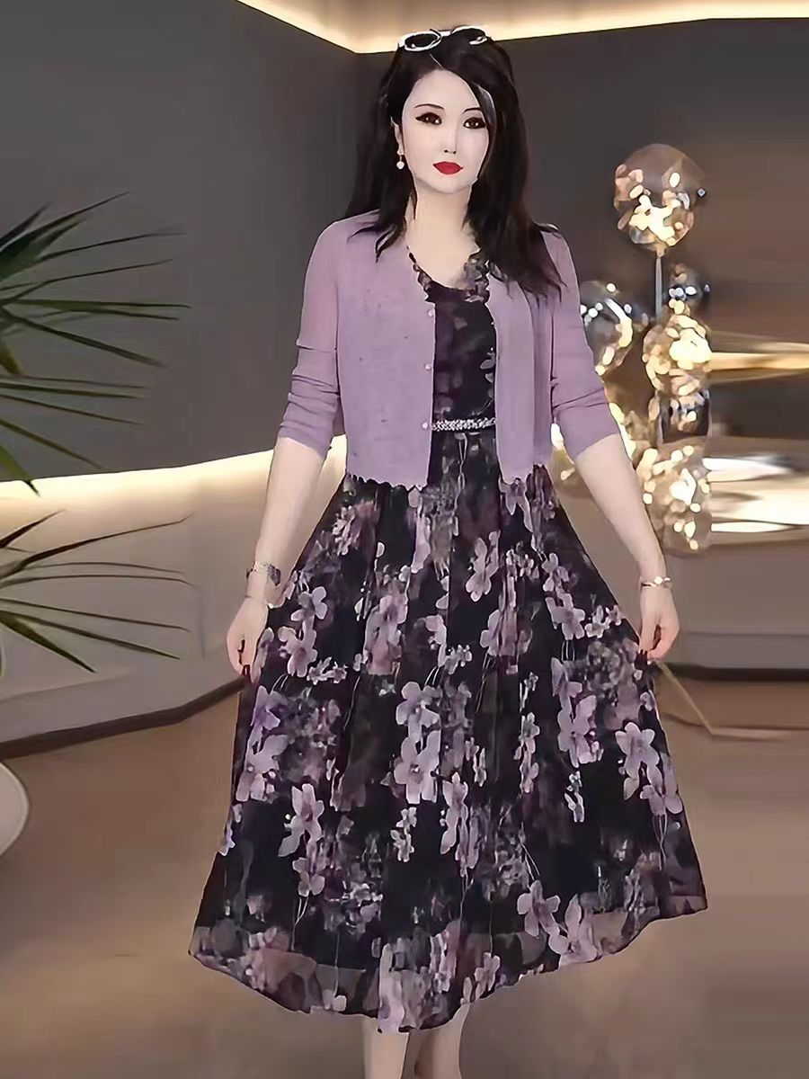 新款洋气碎花妈妈装连衣裙+外套真两件套装显瘦披肩背心裙子