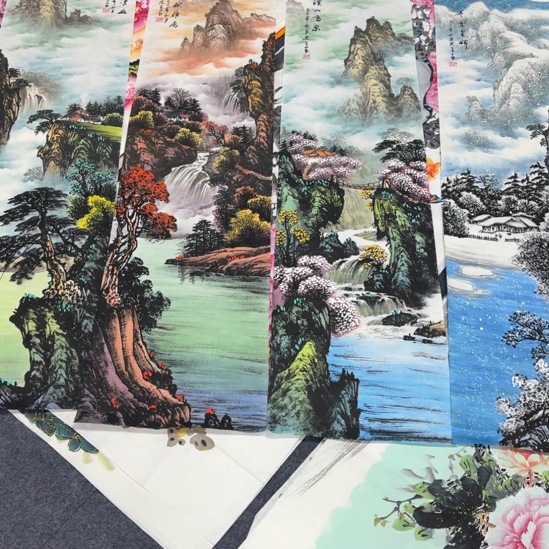 十***院国画140×35四条屏手绘画画画