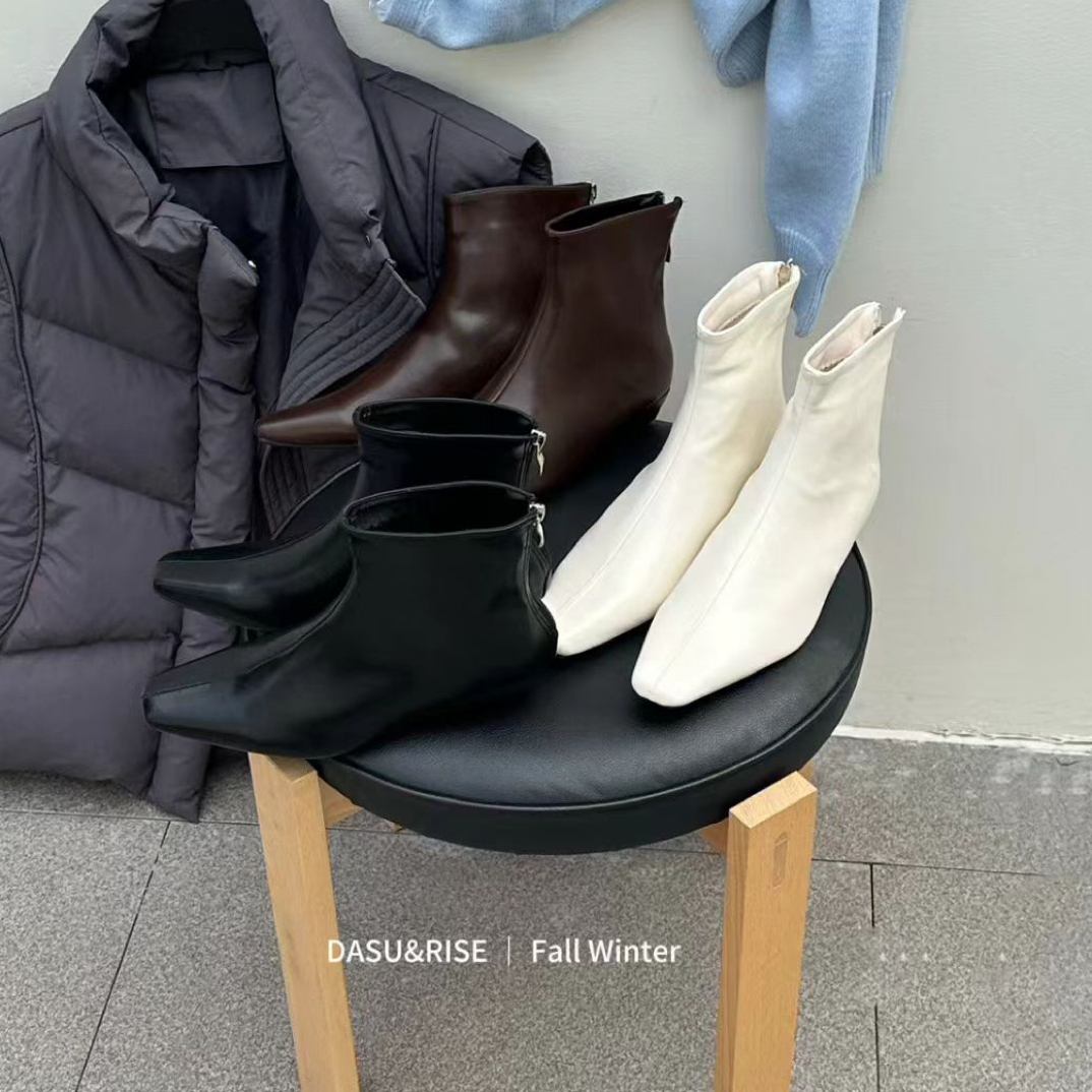 1888-8韩系简约百搭粗跟瘦瘦靴秋冬新款法式复古短靴后拉链女靴