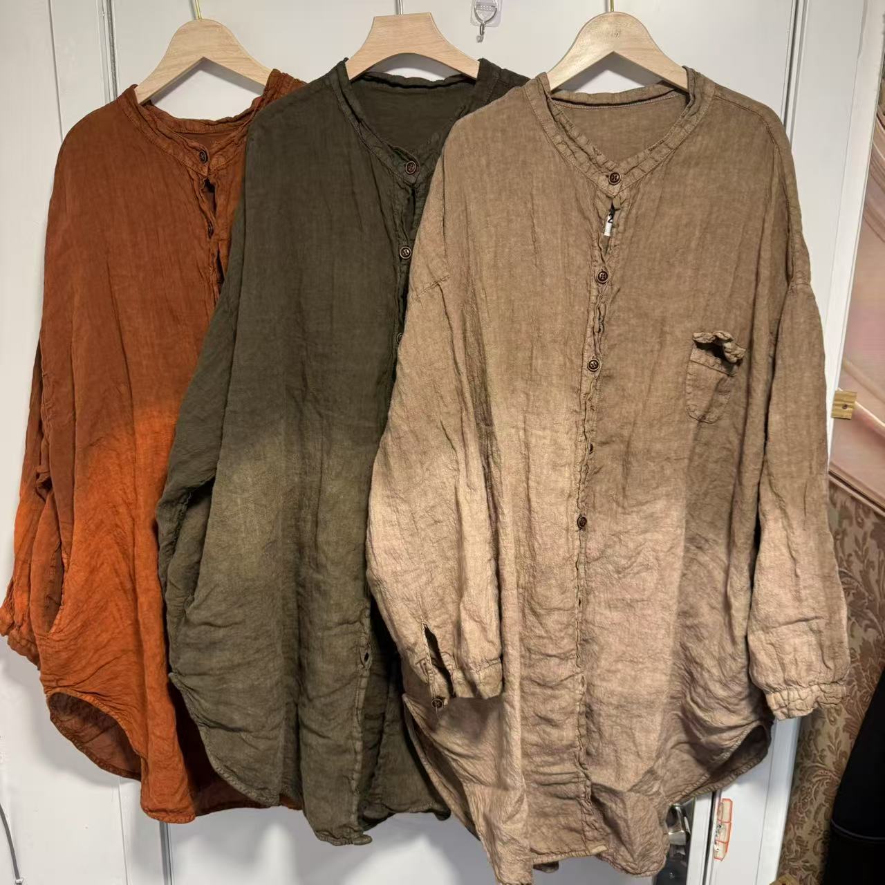 2025夏季新款复古休闲百搭稀疏亚麻扣大版衬衫胸围158长度95