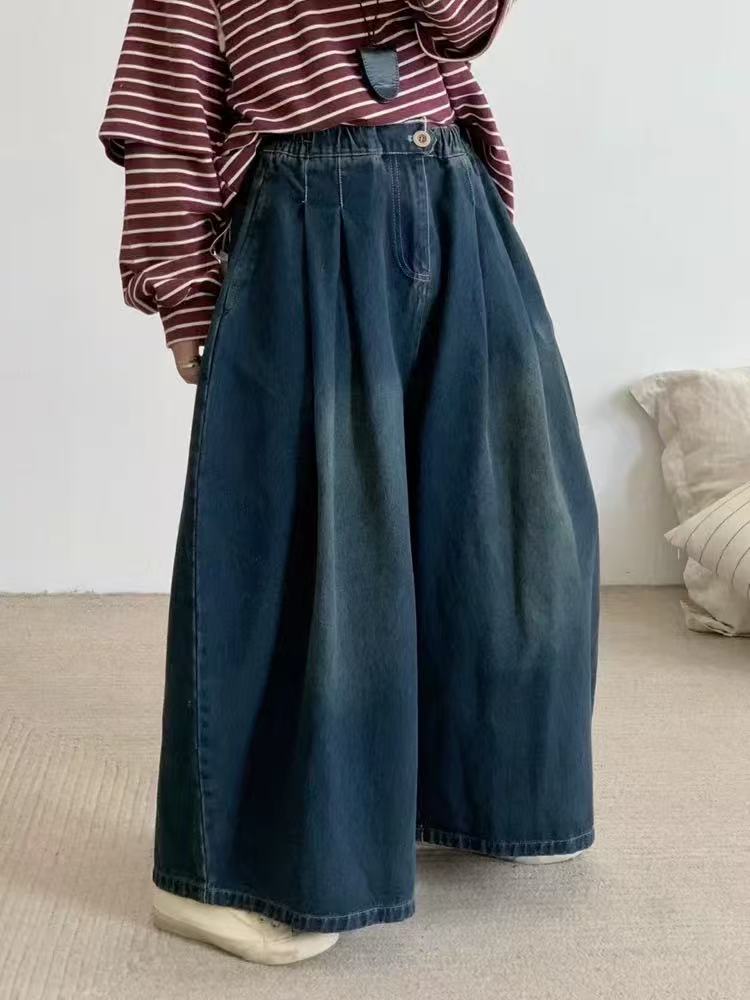 日系百搭宽松水洗压褶牛仔裤（裤长89腰围70-100）