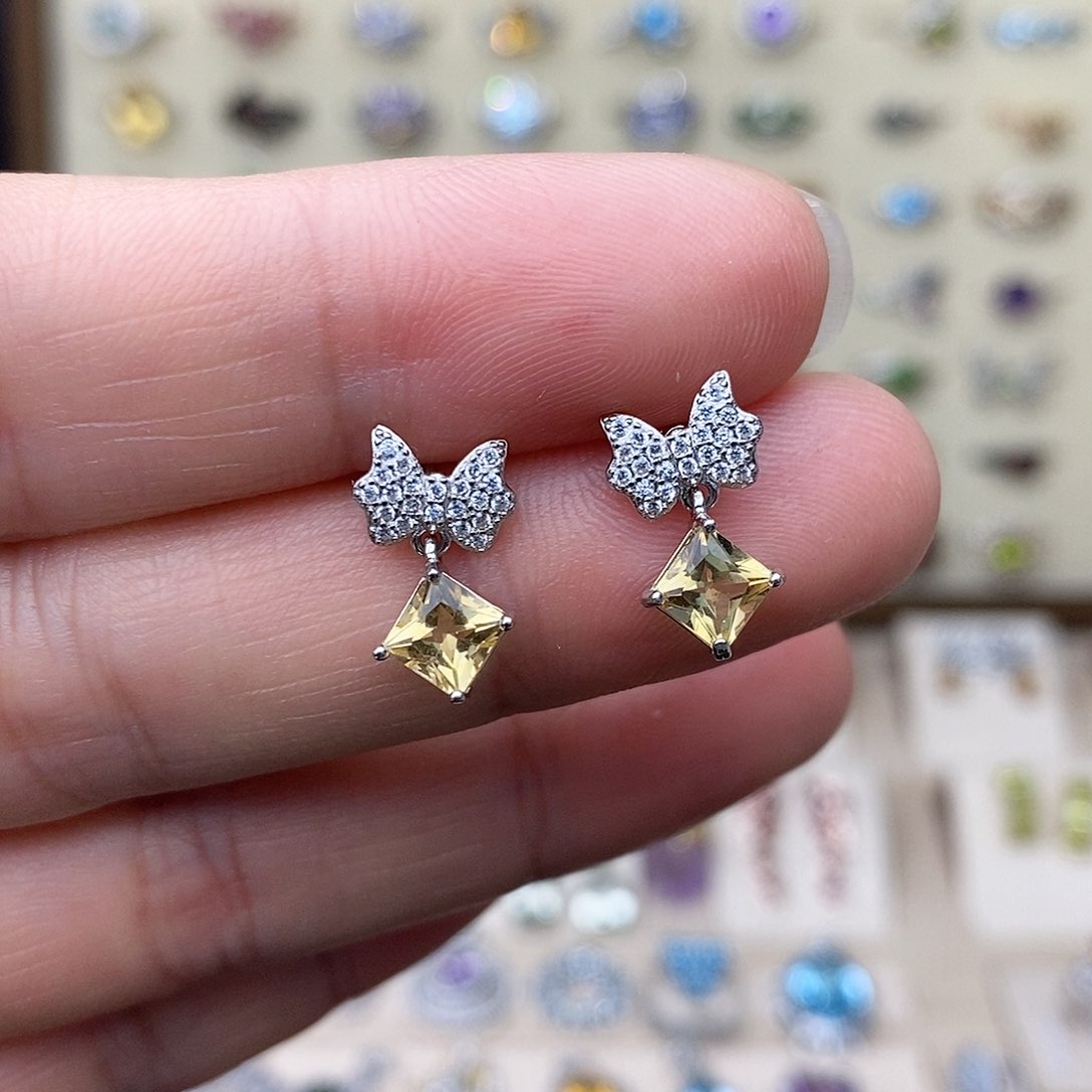 黄晶耳钉银S925镶嵌需要证书备注