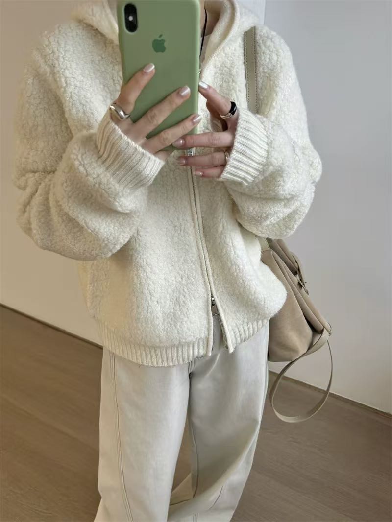 韩系纯色系拉链连帽羊羔毛外套女装2025秋冬新款百搭宽松毛衣开衫