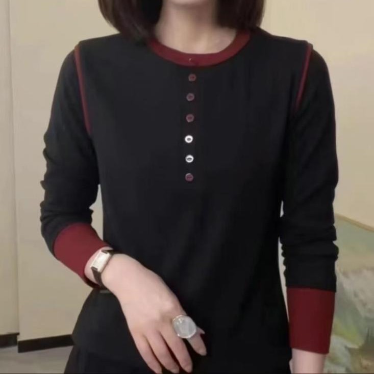 20#时尚拼接长袖圆领常规修身型常规款女T恤针织修身洋气女士