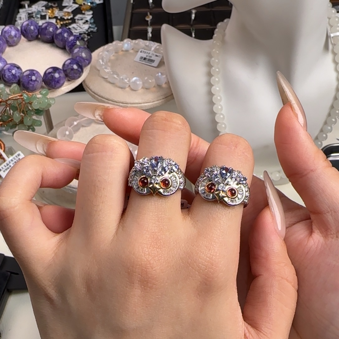 银S925镶嵌戒指坦桑石猫头鹰多样发一