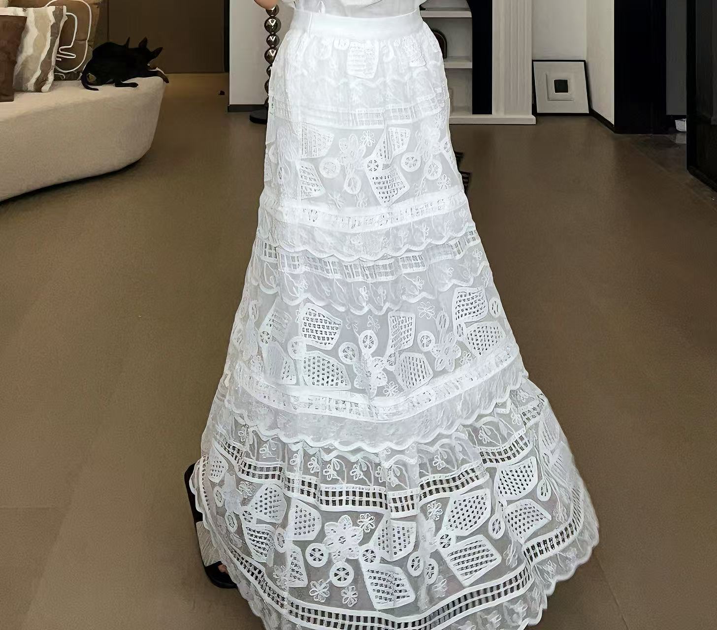 时尚舒适休闲百搭蕾丝针织镂空松紧腰半身长裙  HQ83802